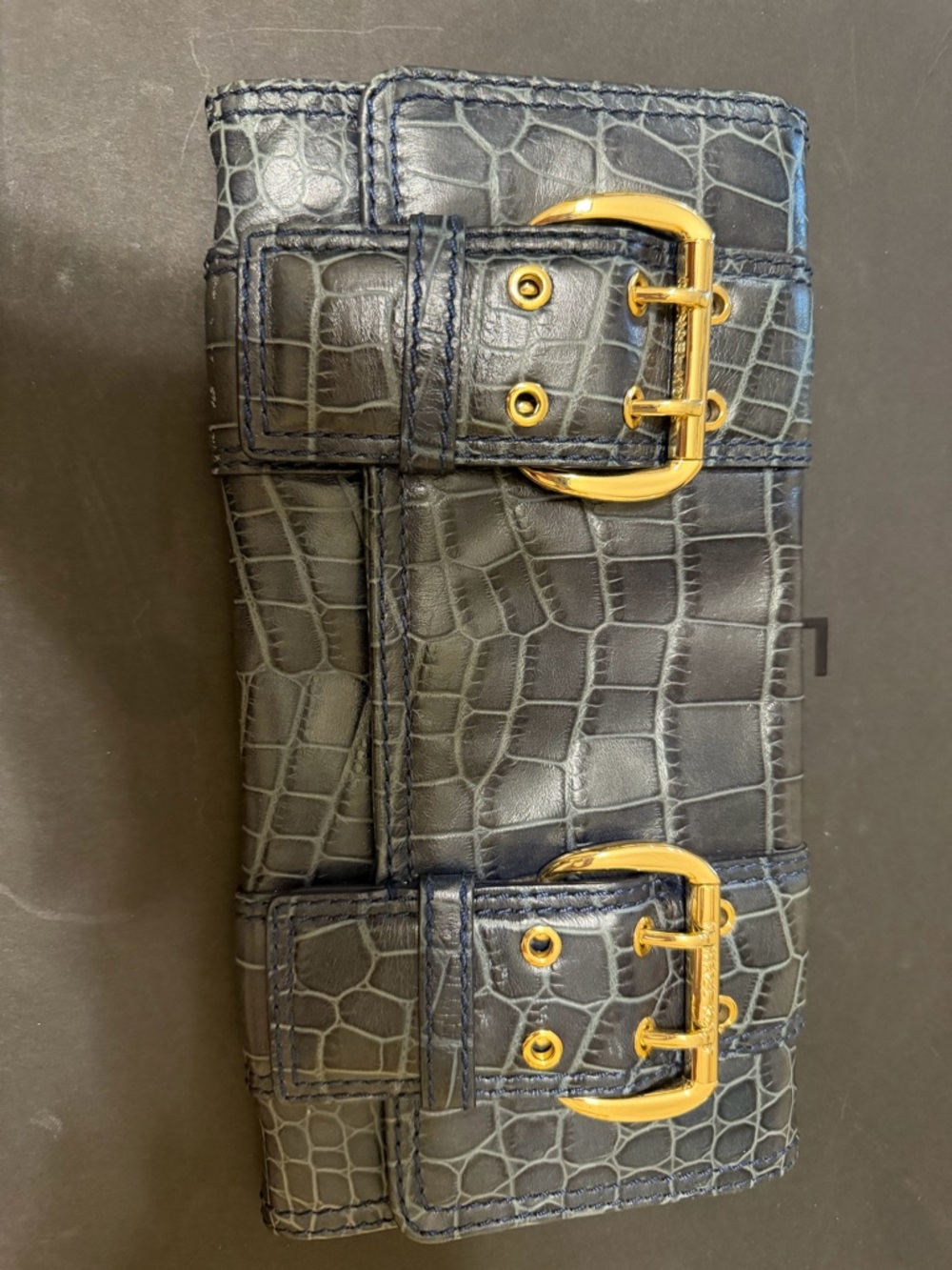 Michael Kors Navy Croc-Embossed Foldover Clutch with Gold Snap